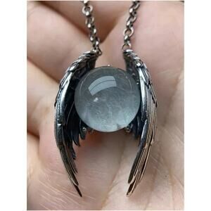 Gothic Angel Wing Pendant Necklace – Moonstone-Style Orb in Black Antique Wings